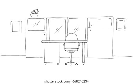 Office in a sketch style. Hand drawn office furniture. Vector illustration.