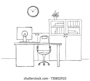 Office in a sketch style. Hand drawn office furniture. Vector illustration.