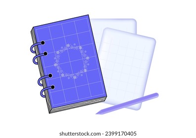 Office sketchbook with a snowflake and empty pages. Closed paper notebook in hardcover. Workbook with elastic band, spiral. Diary, planner, note organizer. Business document with pen. Vector illustrat