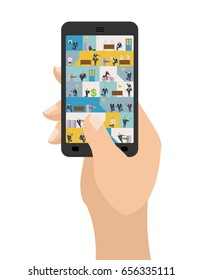 Office in smartphone. Workplace in phone. Managers in work. Business situation. Head and subordinate relationship. Tables and File Cabinet. Businessman at job
