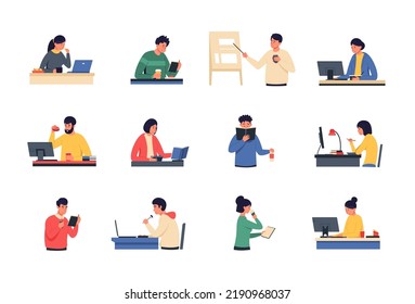 Office snack. Cartoon men and women eating at work in front of laptop and computer, office lunch and remote work disadvantage. Vector illustration of characters have lunch. Office character and