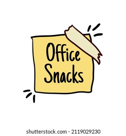 Office snack emblem, paper label with product sign. Isolated on white graphic badge for food package, logotype element. Work brake meal sticker, vector illustration