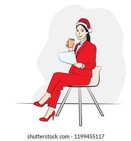 Office snow maiden, new year corporate office, vector hand-drawn illustration