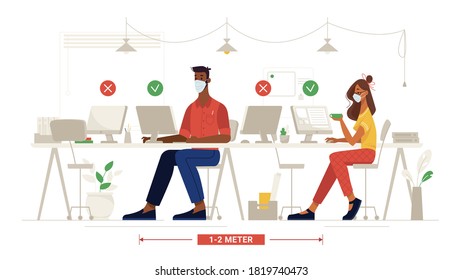 Office social distance, people in masks at work, workplace safety rules, vector flat. Colleagues sitting through one, coronavirus covid corporate social distance, health safety and pandemic quarantine