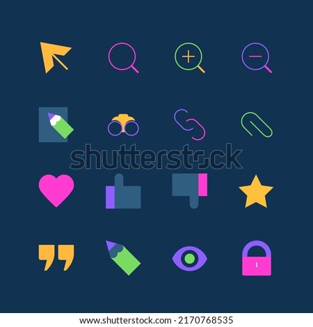 Office and social media - set of flat design style neon icons, isolated on dark background. Images of cursor, magnifier, paperclip, link, pencil, heart, thumbs up, quote, star rating, eye and lock