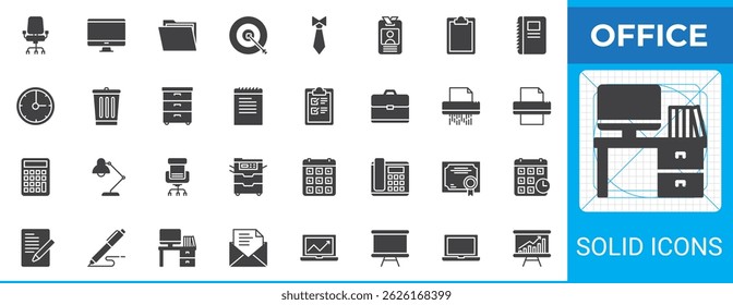 Office solid glyph icon set. Vector signs include desk, computer, clipboard, document, ID card, calendar, shredder, trash bin, office chair, briefcase, and printer. Ideal icon pack for workplace use