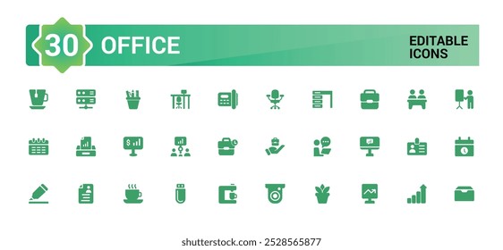Conjunto de ícones sólidos do Office. Relacionado à pasta, mesa, computador, reunião. Coleção de ícones de glifo para Web e interface do usuário. Conjunto de ícones preenchido, ilustração editável e vetor.