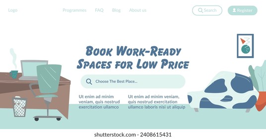 Office solutions for rent for business. Rental of creative and stylish coworking spaces for employees on affordable prices. Website landing page template, internet site. Vector in flat style