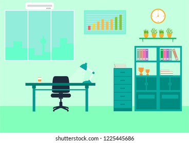 office space with the background of the building behind the window