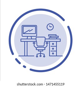 Office, Space, Chair, Office Table, Room Blue Dotted Line Line Icon