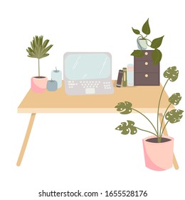 Un espacio de oficinas con pantallas de ordenador. Diferentes plantas, como palmeras y vides, llenan el espacio para un espacio de trabajo más verde y sostenible. Ilustración de vectores, espacio de trabajo verde, plano de doodle
