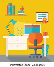 Office Space with computer, table, lamp, and chair. . A Contemporary style with pastel palette, dark yellow tinted background. Vector flat design illustration. Square layout.
