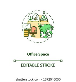 Office Space Concept Icon. Work Place With Greenery For Mental Wellbeing. Healthy Indoor Environment. Biophilia Idea Thin Line Illustration. Vector Isolated Outline RGB Color Drawing. Editable Stroke