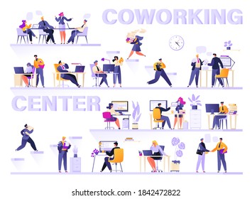 Office space for coworking. Flat cartoon characters work on laptops and computers, rush to meetings, make calls, carry documents and contracts. Business team collaboration, interviews and conferences 