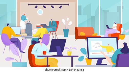 Office space, coworking workplace with computer, business people work vector illustration. Job team meeting concept, teamwork and freelance design. Creative people character at desk, interior.