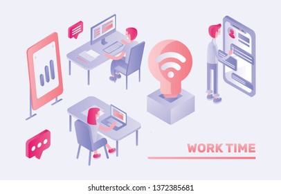 office space. happy prople work. a man works at a laptop