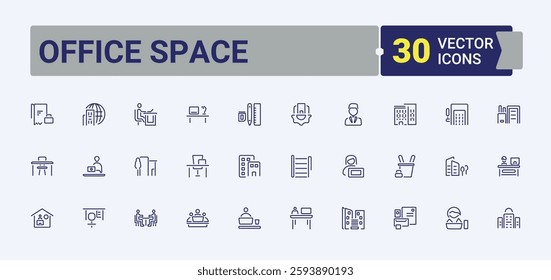 Office Space icons set in linear style. Pack of chair, coffee, table, workplace, office and more. Thin outline icons pack. Minimalist editable vector stroke.