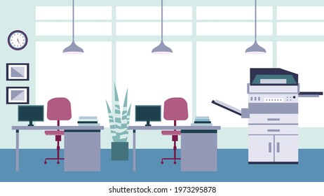 Office space interior, with desk and chair work place, simple environment, wide windows and comfortable space. Vector illustration of isolated in cartoon style.