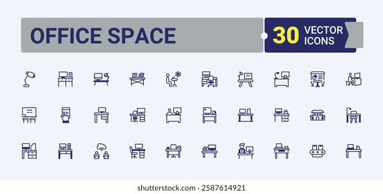 Office Space minimal icon set. Related to technology, laptop, support, clock, workplace and more. Web icons. Solid line editable stroke.