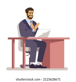 Office space semi flat RGB color vector illustration. Bearded man in suit refusing from business offer isolated cartoon character on white background