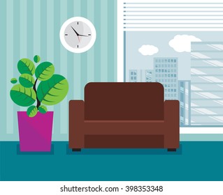 Office space with sofa and a large window. Vector illustration in flat style.