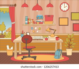 Office space with table and books.