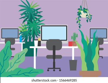 An office space with three desks, computer screens and black rolling chairs. Different plants, like palms and ivies fill the space for a more green and sustainable workspace. Vector illustration