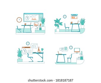 Office spaces flat color vector scene set. Work on company project. Business meeting. Corporate interior isolated cartoon illustration for web graphic design and animation collection