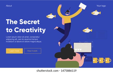 Office specialist. 
Work process. Graphic for freelancer, concept with characters and text. Flat vector illustration. The secret of creativity.