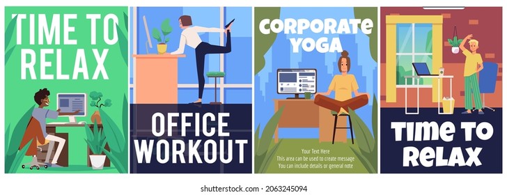 Colección de carteles de entrenamiento deportivo de oficina y de yoga corporativo, ilustración vectorial plana. Deporte y relajación en el lugar de trabajo, descanso de fitness de oficina.