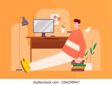 Office Sport Workout Vector Illustration. Cartoon Young Tiny Worker Doing Physical Exercises And Gymnastics At Workplace During Work Break, Employee Stretching Near Computer Desk To Care Health