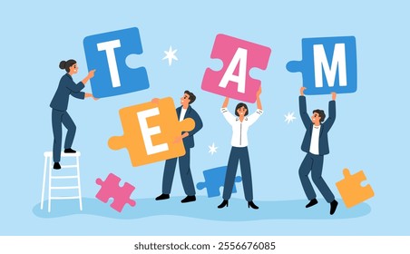 Office staff assemble puzzle. Well coordinated teamwork. Employees solving common problem. Business people working together. Collogues cooperation. Team building. Garish