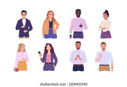 Office staff avatars collection. Close-up vector cartoon illustration of young adult smiling people of different ethnicities in office outfits. Isolated on white background