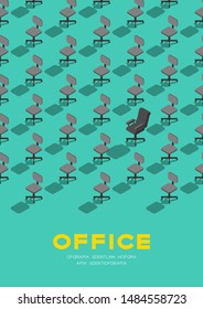 Office staff chair with manager armchair 3D isometric pattern, Advance of occupation concept poster and banner vertical design illustration isolated on green background with copy space, vector eps 10