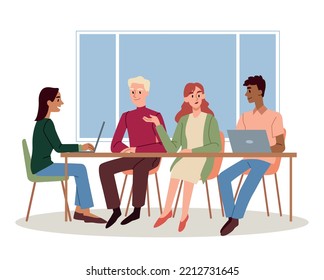 Office Staff Concept. Men And Women With Laptops Sit At Table Against Background Of School Board. Coworker And Colleagues. Communication And Interaction, Freelancers. Cartoon Flat Vector Illustration