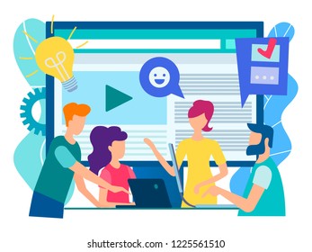 Office staff discuss current tasks with the help of modern technology gadgets, social media, the Internet. World communication online concept. Vector illustration.