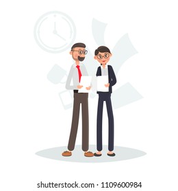 Office staff discuss documents color flat illustration