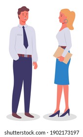 Office staff, employees. Business partners isolated on white. Friendly man standing in blue trousers, beautiful blond woman standing in blue skirt with folder. Young people talking and smiling