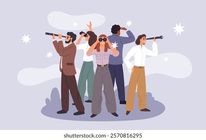 Office staff group stares into distance. Search goal. Business people with binoculars. Employees team looking through telescopes into future. Spyglass explore. Garish