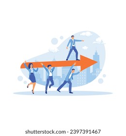 Büroangestellte helfen, einen Manager auf einen Pfeil zu schieben. Den Weg zum Erfolg ebnen. Mitarbeiterkonzept. Trend Moderne Vektorgrafik