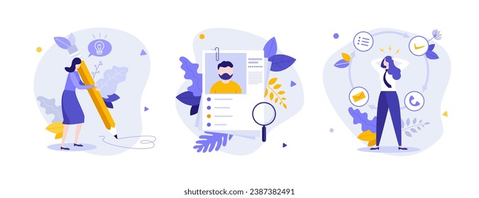 Conjunto de ilustraciones vectoriales conceptuales de contratación de personal de oficina. Plantilla de CV, rutina diaria, idea creativa. Idea de trabajo de empresa de negocios para sitio web, móvil, presentación