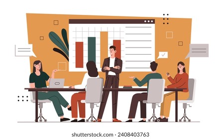 Office staff increase concept. Team of men and women at workplace look at graphs and diagrams. Brainstorming and efficient workflow. Cartoon flat vector illustration isolated on white background