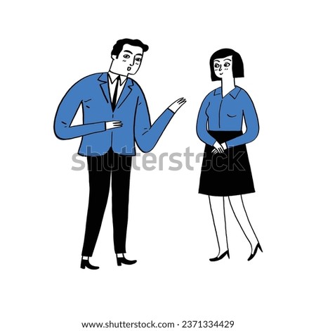 Office staff introducing new employees. Hand drawn vector illustration line art doodle style. 