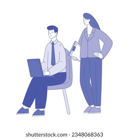 Office Staff with Man and Woman with Laptop Working Together Discuss Project Vector Illustration