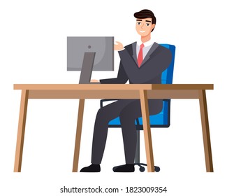 Office staff, manager work and communication. Office worker at the table. Business employees on their workspace. Co-worker. Businessman or a clerk working at his office workplace flat style