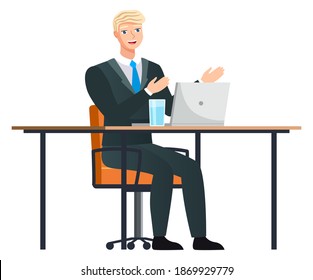 Personal de oficina, trabajo de director y comunicación. Trabajador de oficina en la mesa. Empleados en su área de trabajo. Cooperante. Empresario o empleado que trabaja en su oficina de trabajo de estilo plano
