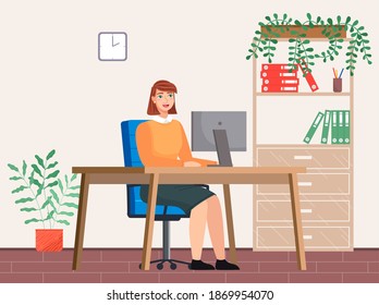 Office staff, manager work and communication. Office worker at the table. Business employees on their workspace. Co-worker. Business woman or a clerk working at his office workplace flat style
