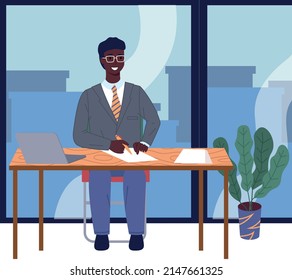 Office staff, manager work and communication. Office worker at the table. Business employees on their workspace. Co-worker. Businessman or a clerk working at his office workplace flat style