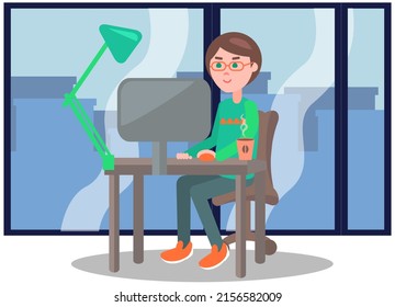 Office staff, manager work and communication. Office worker at the table. Business employees on their workspace. Co-worker. Businessman or a clerk working at his office workplace flat style