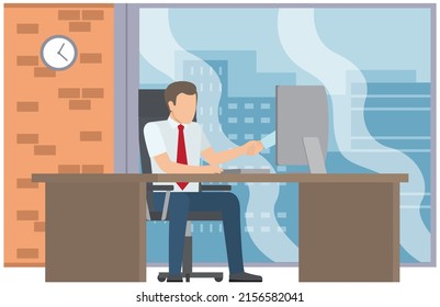 Office staff, manager work and communication. Office worker at the table. Business employees on their workspace. Co-worker. Businessman or a clerk working at his office workplace flat style
